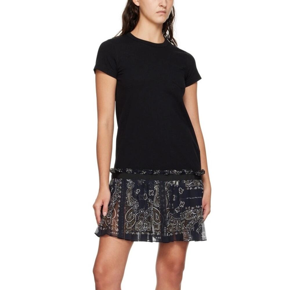 Sacai NWT Black Cotton Short Sleeve T-shirt Pleated Drop Waist Mini Dress $630